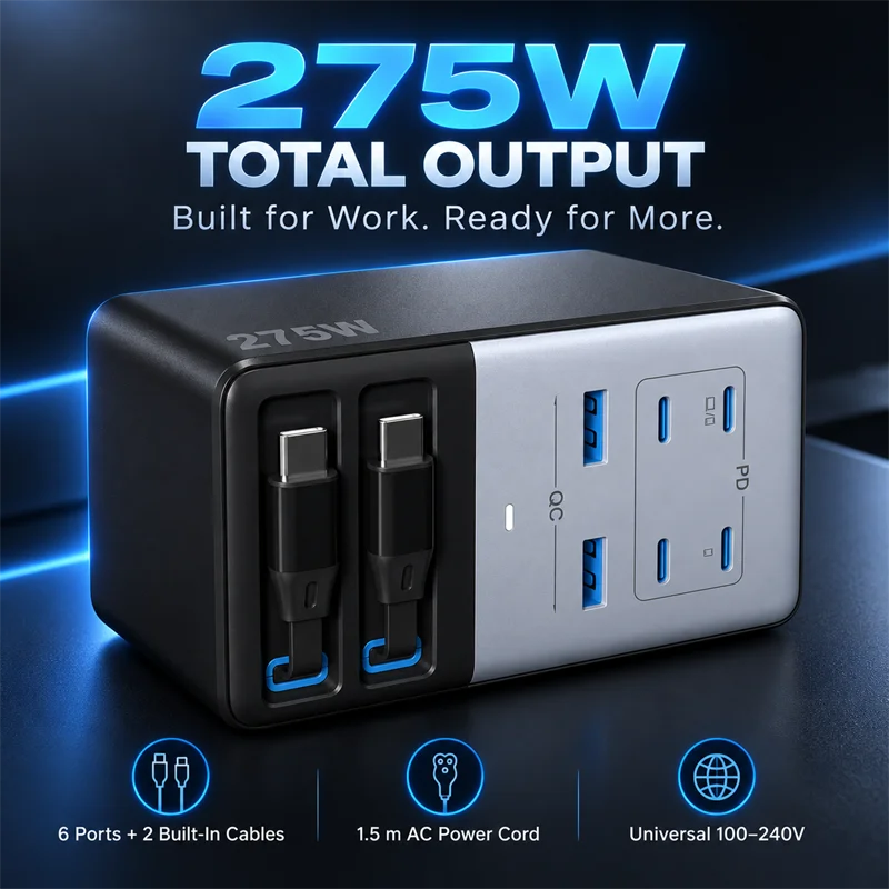 GaN USB C Fast Charging Station With Dual Retractable Cables