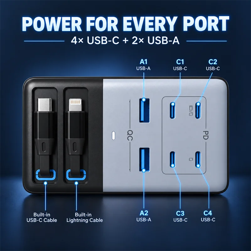 GaN USB C Fast Charging Station With Dual Retractable Cables
