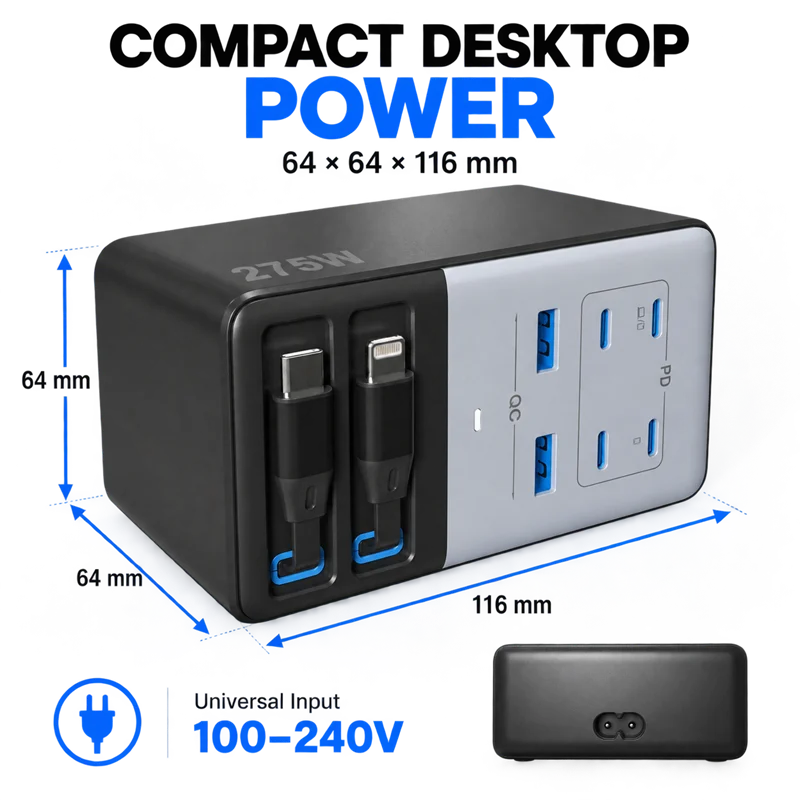 GaN USB C Fast Charging Station With Dual Retractable Cables