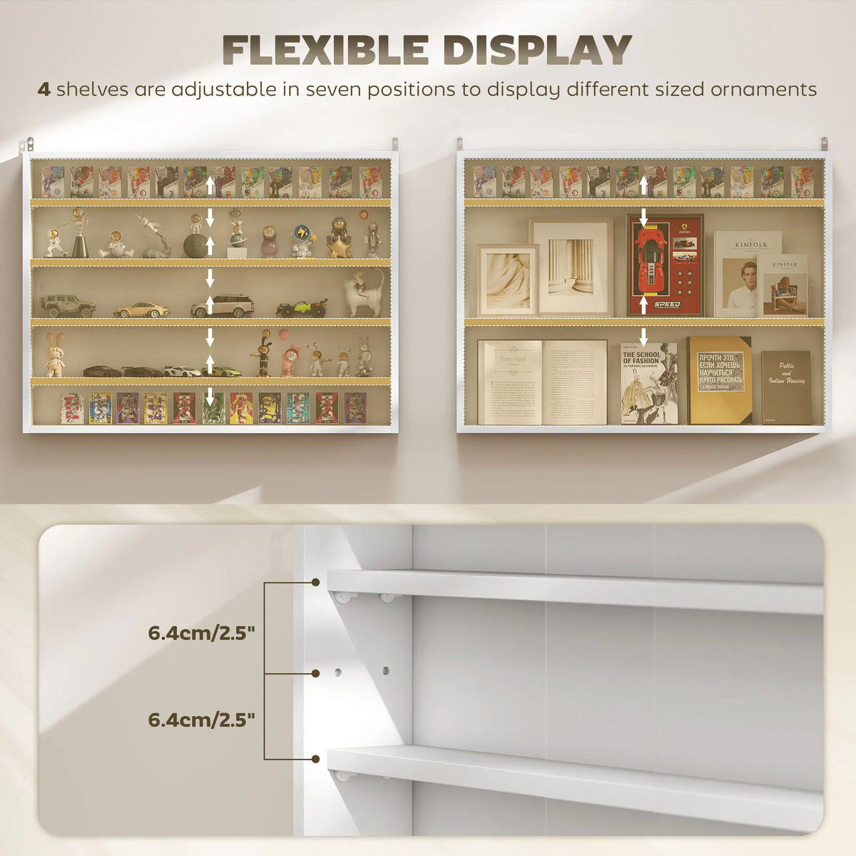 Homcom 5-Tier Display Cabinet, Glass Door Cabinet with Adjustable Shelves, Wall-Mounted Display Case for Playroom, Bedroom, White