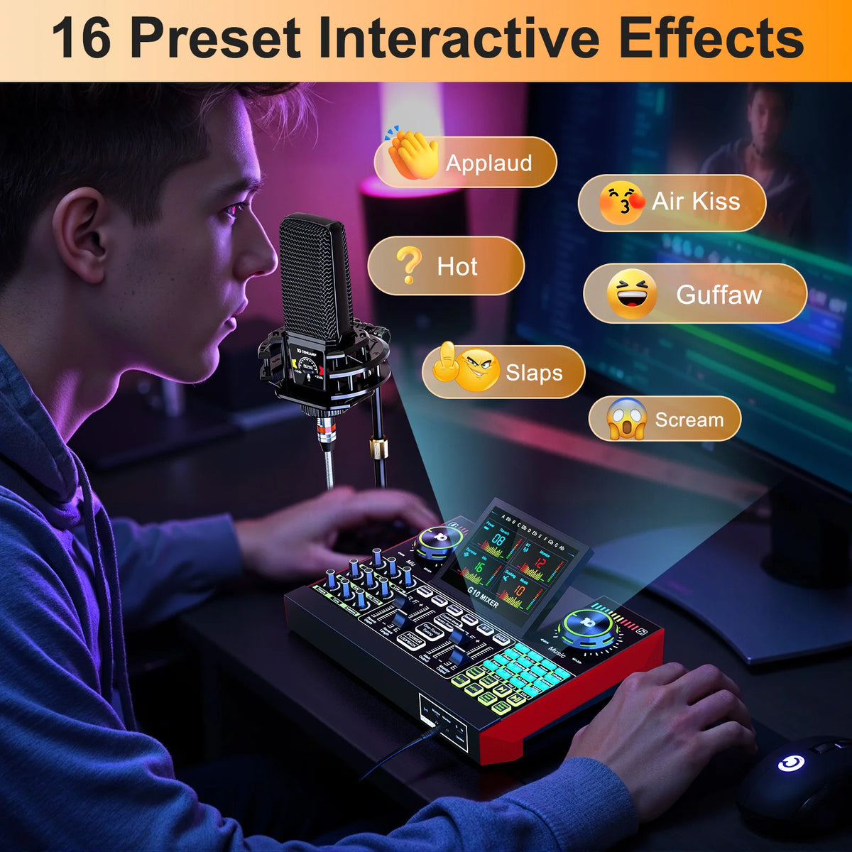 Tenlamp 6 Channe G10 Live Sound Card Audio Mixer with 3.5mm Mic XLR Gaming Interface, G10-PKPRO Podcast Equipment Bundle Kit RGB DJ Effects for PC Smartphone Laptop Singing Streaming Recording YouTube Vlog
