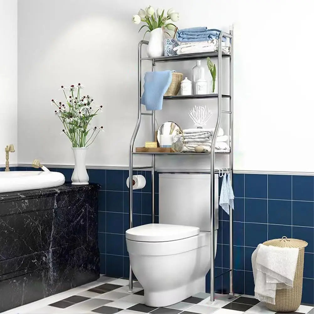 Over-the-Toilet Toilet Shelf - 3 Levels, Stainless Steel - Space Saving - with Toilet Paper Holder & Removable Hooks