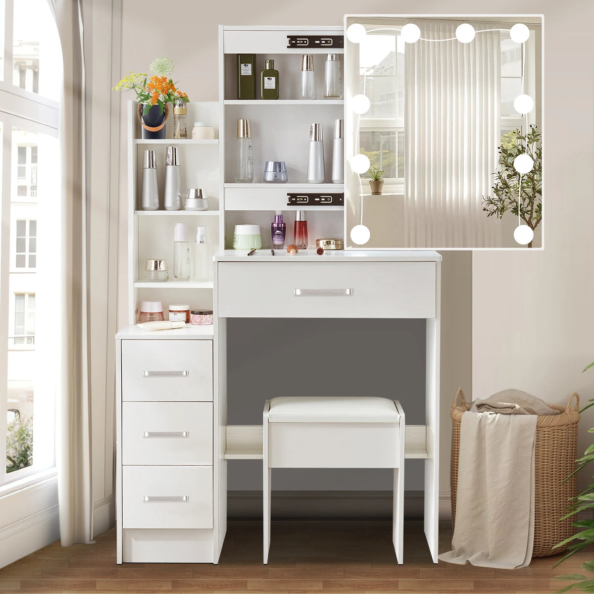Yamissi Modern Vanity Table And Stool Set With LED Mirror
