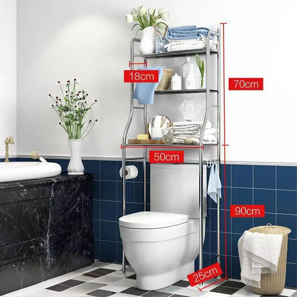 Over-the-Toilet Toilet Shelf - 3 Levels, Stainless Steel - Space Saving - with Toilet Paper Holder & Removable Hooks