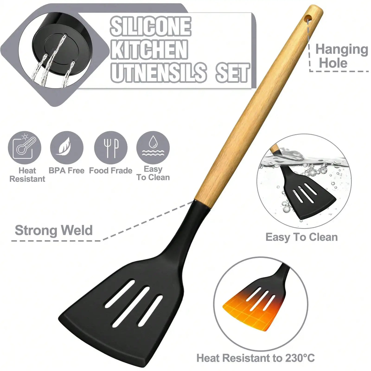 Heat Resistant Silicone Kitchen Utensil Set With Wooden Handles