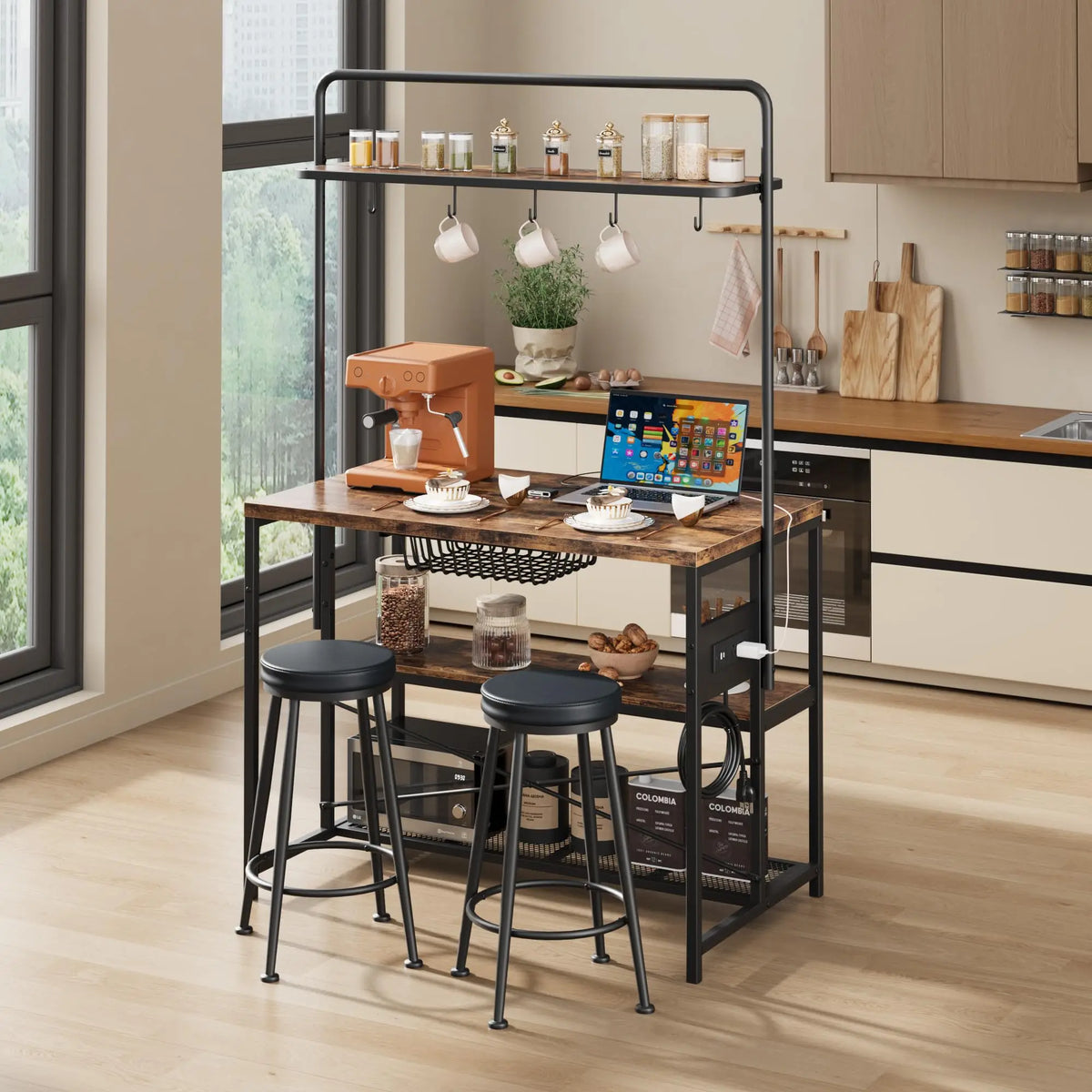 TWISTER.CK Kitchen Island Table With Power Outlet And Storage Shelves