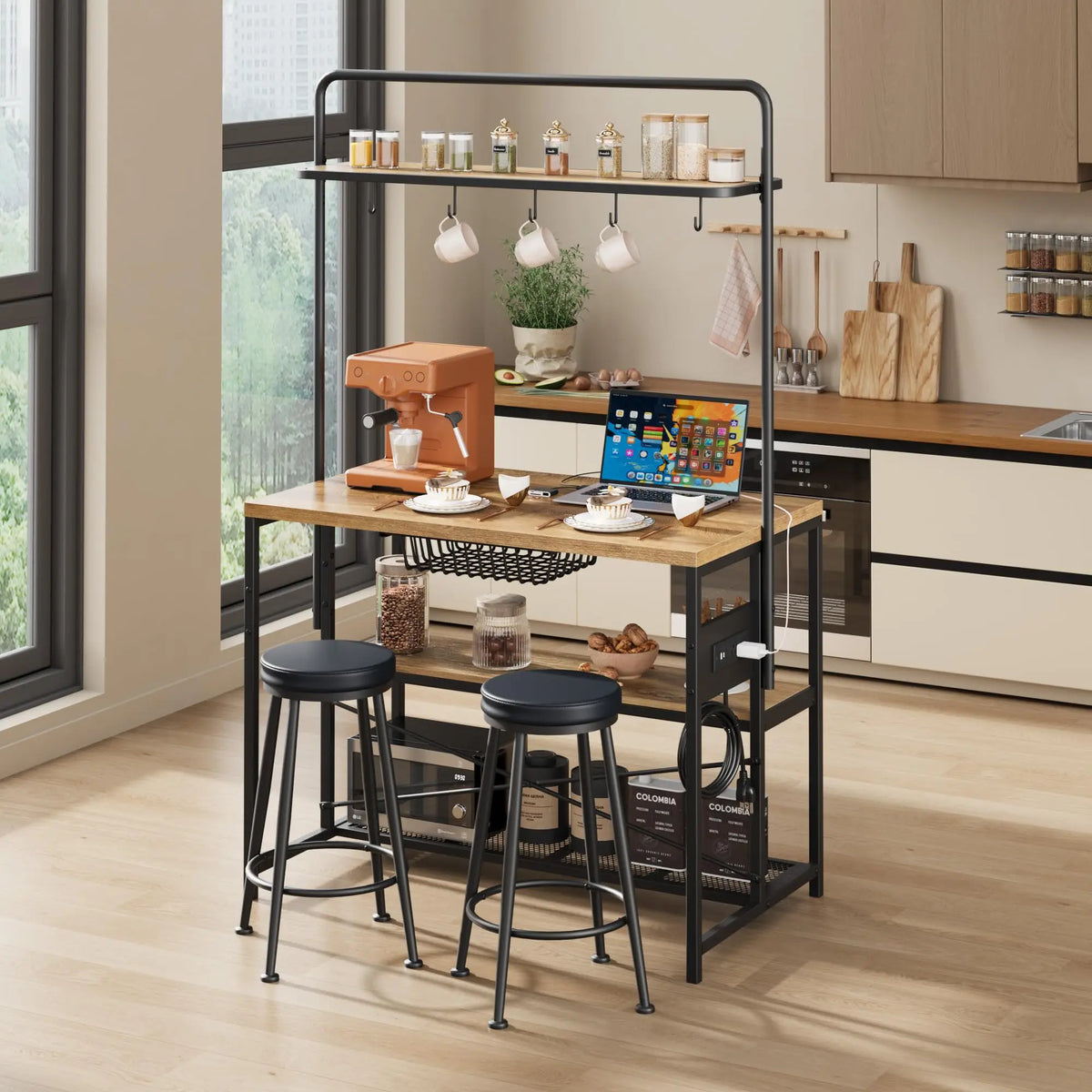 TWISTER.CK Kitchen Island Table With Power Outlet And Storage Shelves