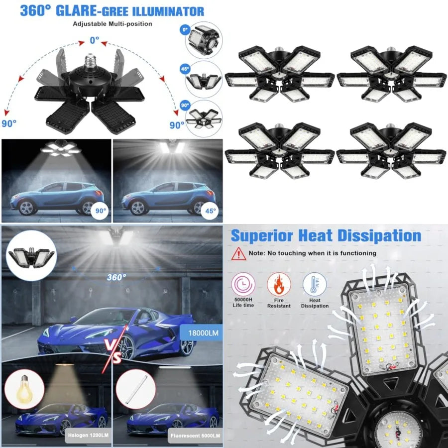 LED Garage Lights Bulb -80W, 18000LM 6500K Led Shop Light with 6+1 Deformable Panels, Basement Barn Light Garage Ceiling Lights