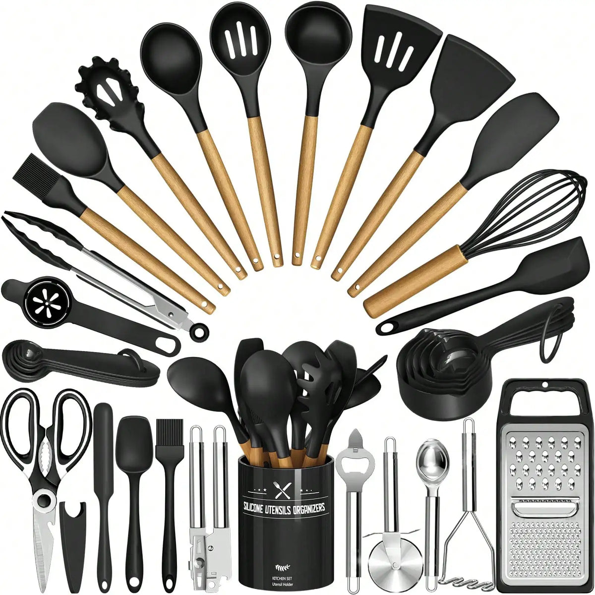 Heat Resistant Silicone Kitchen Utensil Set With Wooden Handles