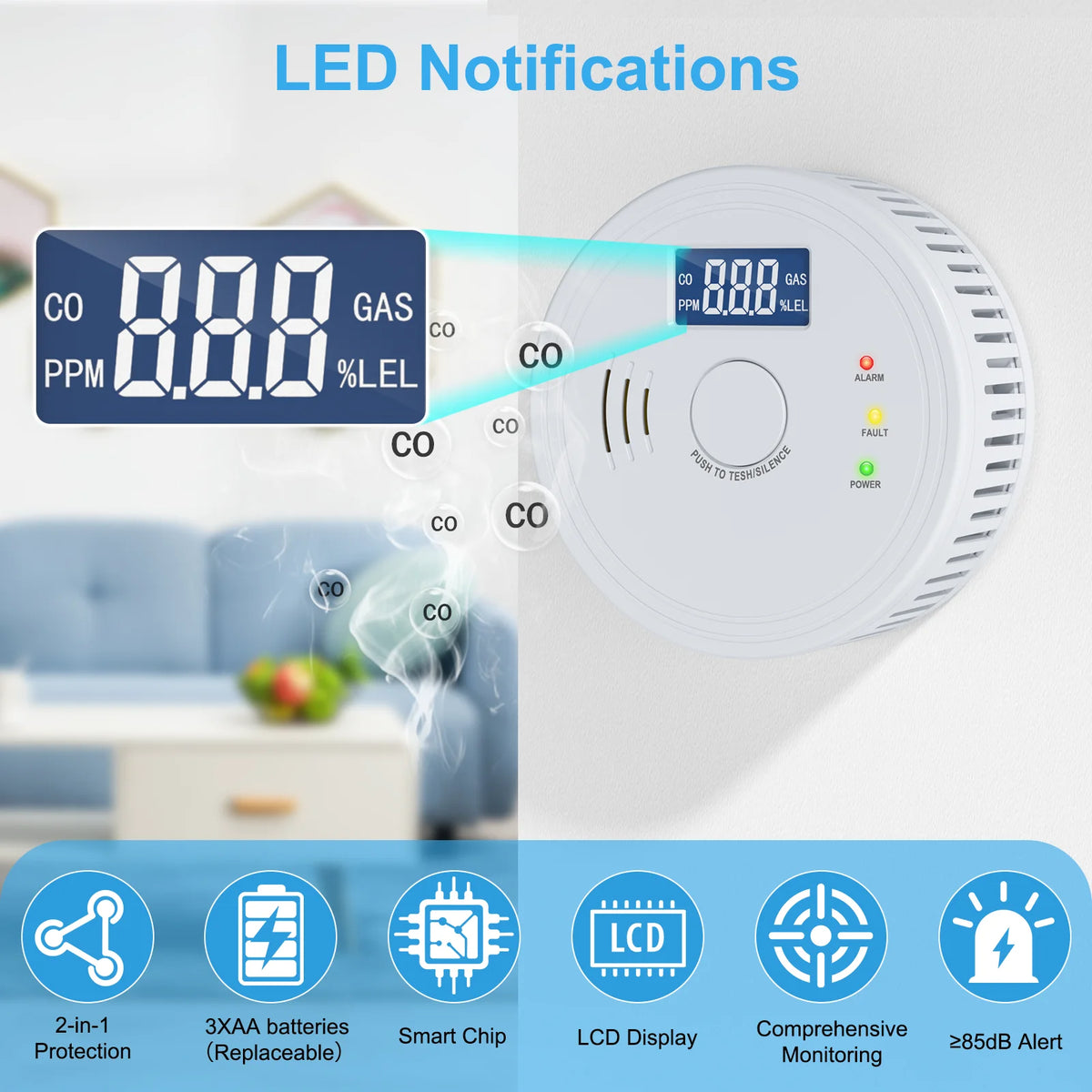 Smoke Detector and Carbon Monoxide Detector Combo with LED Indicators, 2 in 1 CO & Smoke Alarm, Battery Operated Smoke and Carbon Monoxide detectors 3-Pack