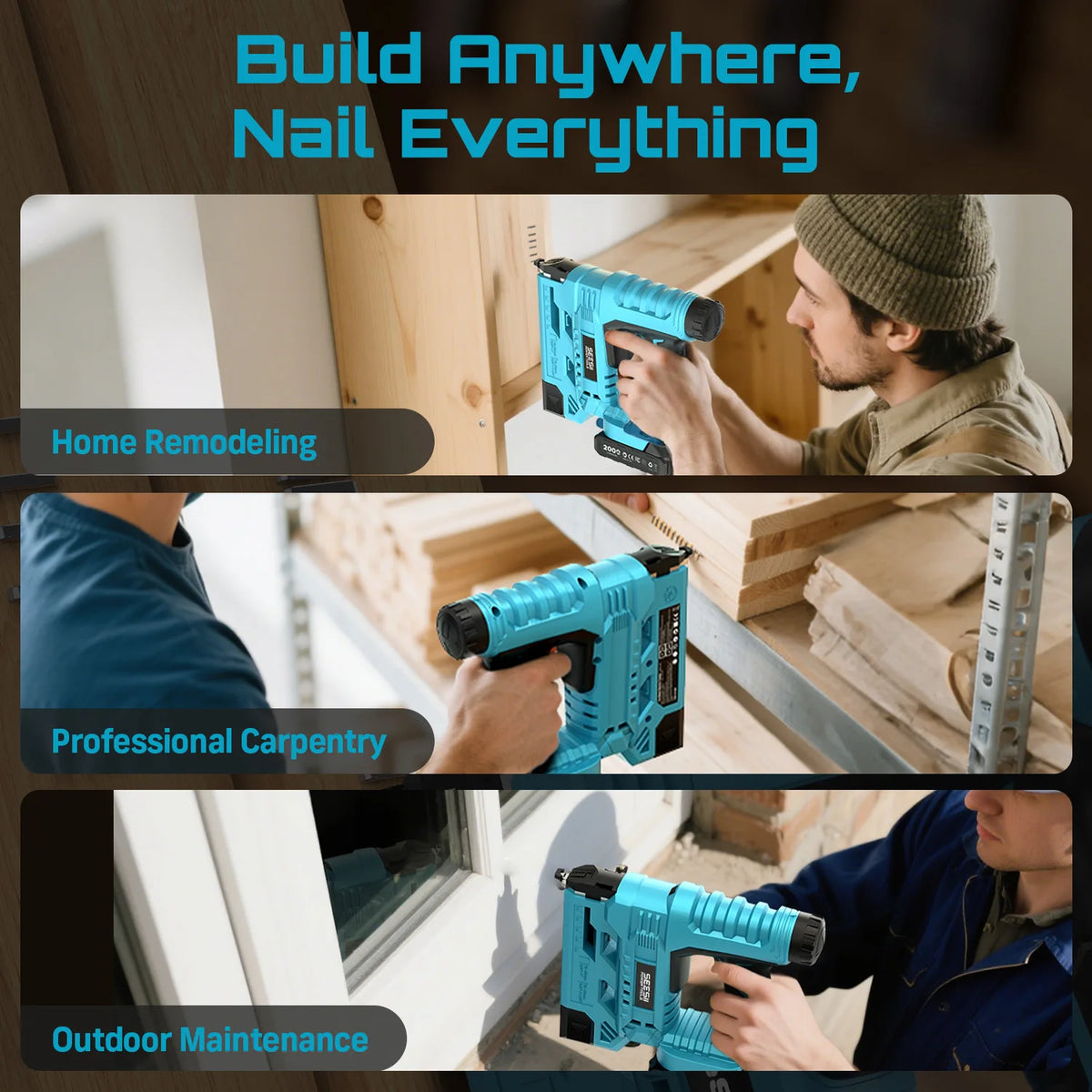 Seesii Cordless Brad Nailer and Stapler for Furniture and Woodworking