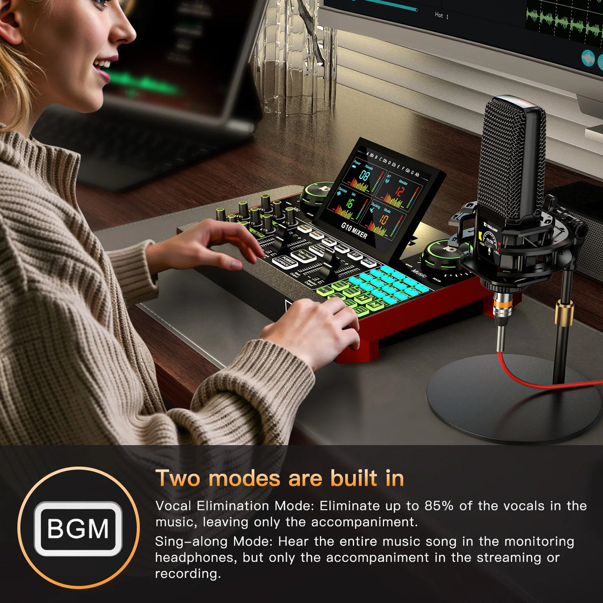 Tenlamp 6 Channe G10 Live Sound Card Audio Mixer with 3.5mm Mic XLR Gaming Interface, G10-PKPRO Podcast Equipment Bundle Kit RGB DJ Effects for PC Smartphone Laptop Singing Streaming Recording YouTube Vlog