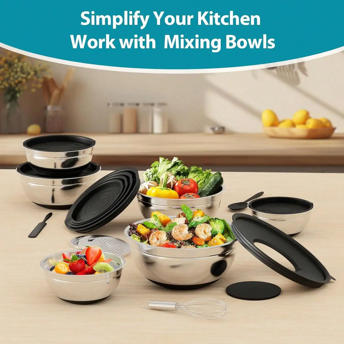 Stainless Steel Mixing Bowls With Airtight Lids And Non-Slip Bases