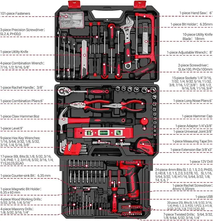DEKO Cordless Drill and Home Mechanic Tool Set with Case