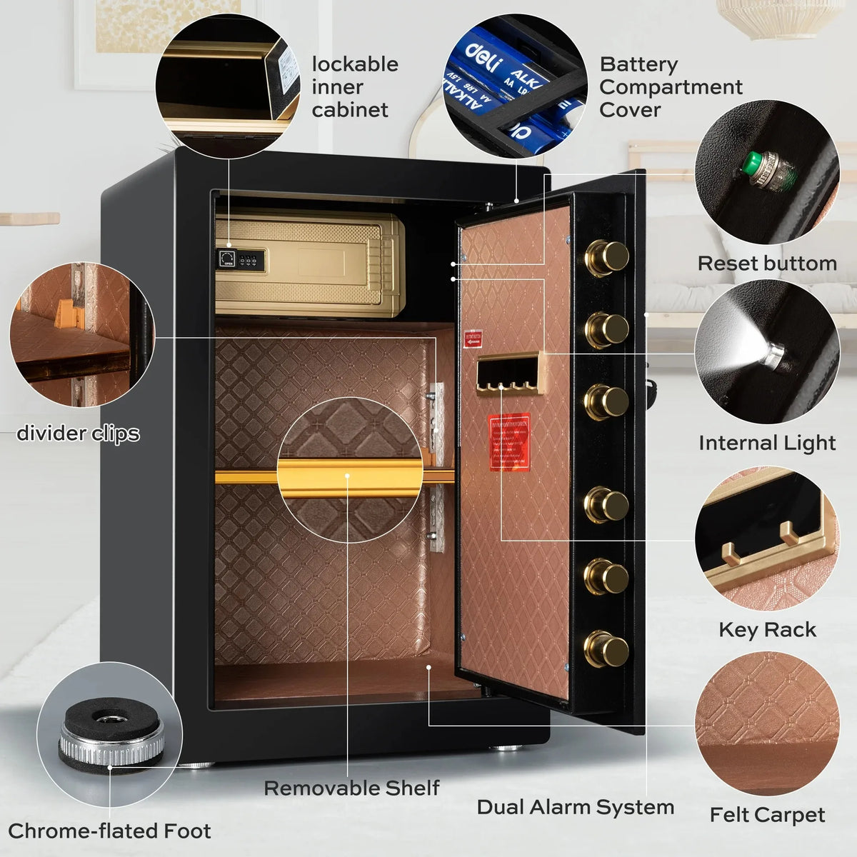 Deli 6.2 Cu ft Large Safe Box Electronic Keypad with Fireproof Bag Dual Alarm Lockable Inner Cabinet for Home Hotel