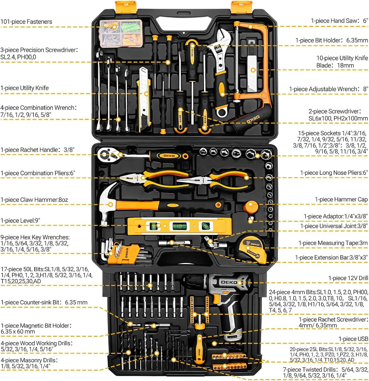 DEKO Cordless Drill and Home Mechanic Tool Set with Case