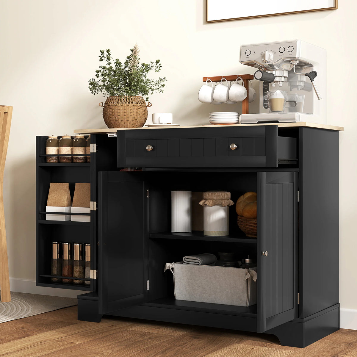 HOMCOM Modern Coffee Bar Cabinet with Storage, Sideboard Buffet Cabinet with Drawer, Adjustable Shelves, Small Kitchen Pantry with Door Shelves, Black