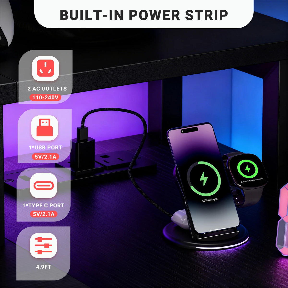 JHK L Shaped Gaming Desk with USB Charging Ports & LED Lights Reversible Desks Computer Gamer Table for Home Office Small Space