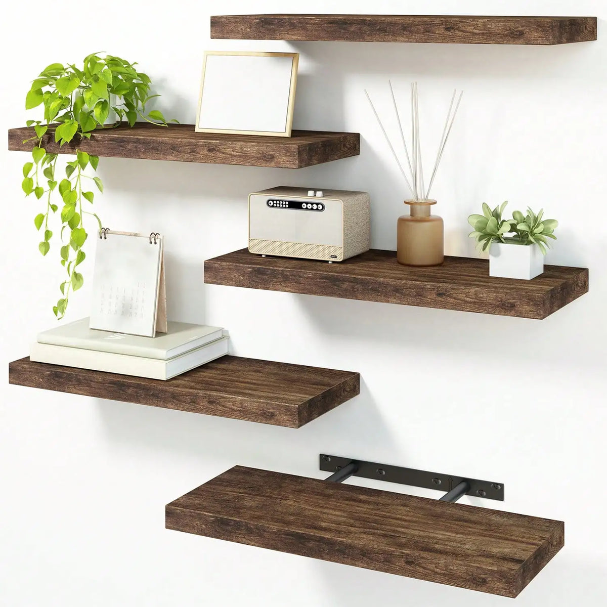 4 Pack Floating Shelves Modern Black Wood Wall Shelves Storage Shelving Unit With Invisible Metal Brackets Display Rack For Bathroom Living Room Bedroom Kitchen Housewarming Gift