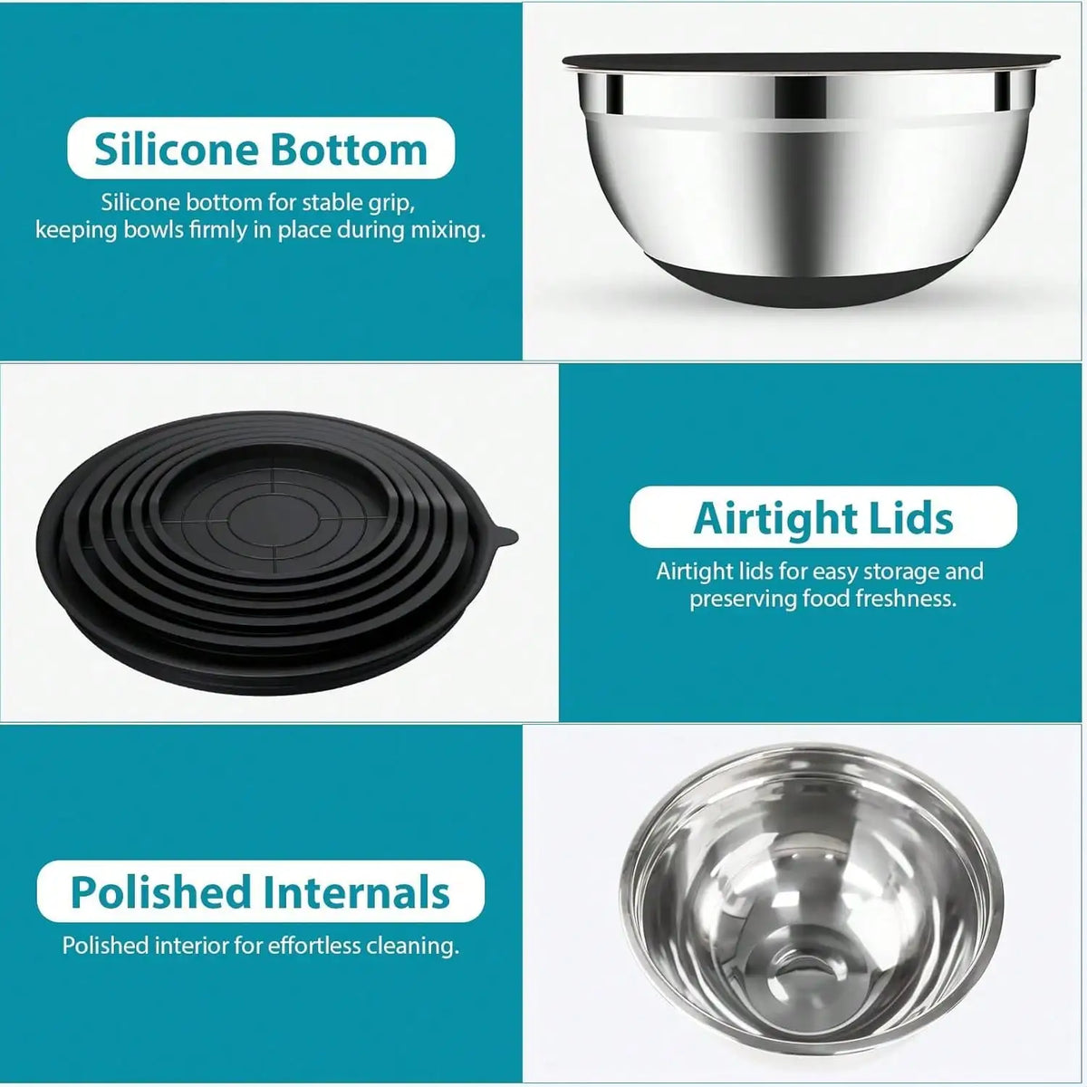 Stainless Steel Mixing Bowls With Airtight Lids And Non-Slip Bases