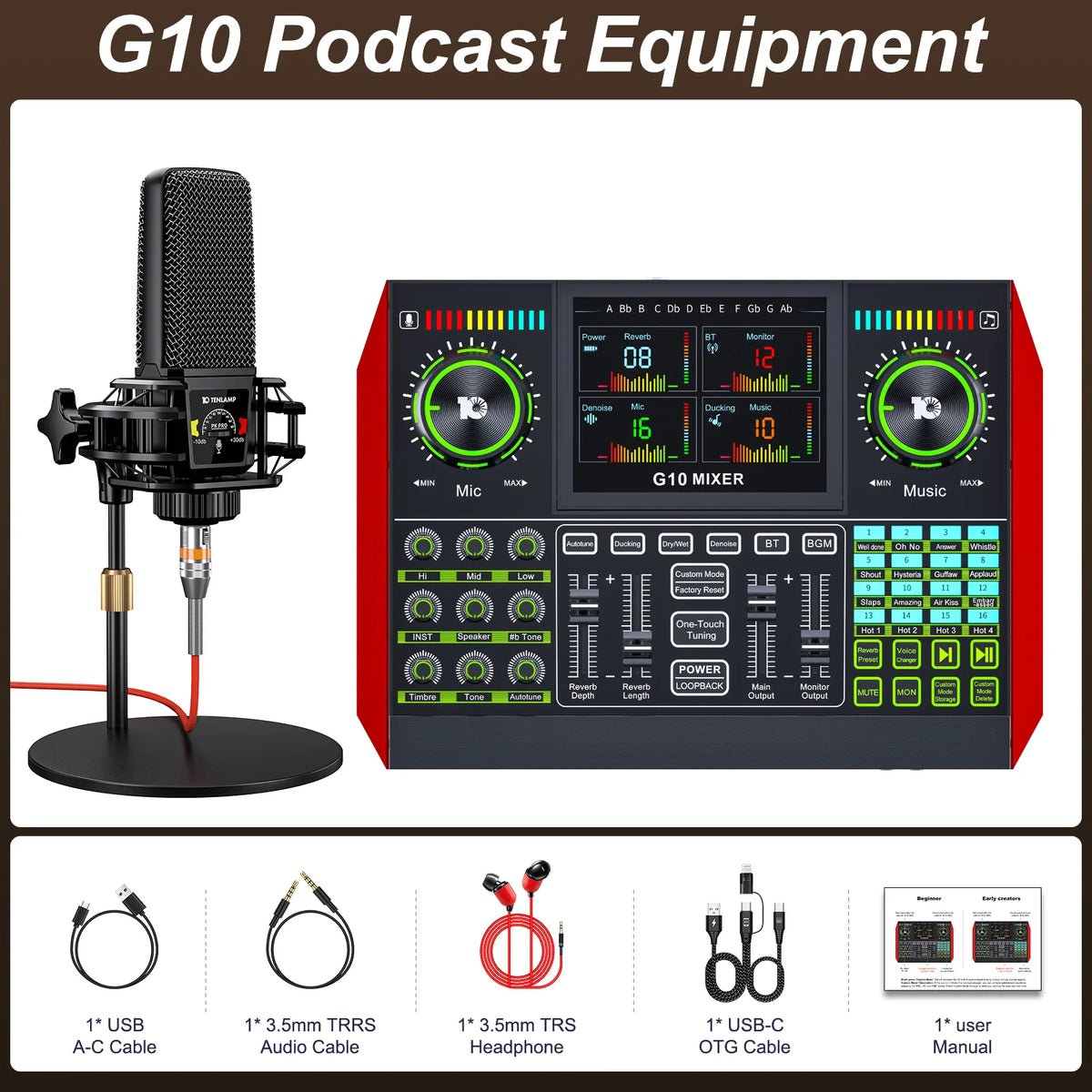 Tenlamp 6 Channe G10 Live Sound Card Audio Mixer with 3.5mm Mic XLR Gaming Interface, G10-PKPRO Podcast Equipment Bundle Kit RGB DJ Effects for PC Smartphone Laptop Singing Streaming Recording YouTube Vlog