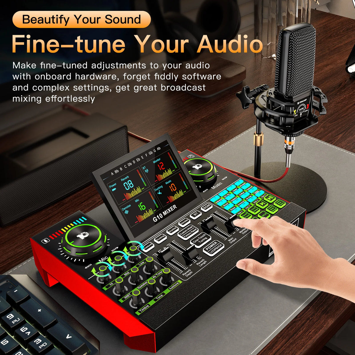 Tenlamp 6 Channe G10 Live Sound Card Audio Mixer with 3.5mm Mic XLR Gaming Interface, G10-PKPRO Podcast Equipment Bundle Kit RGB DJ Effects for PC Smartphone Laptop Singing Streaming Recording YouTube Vlog