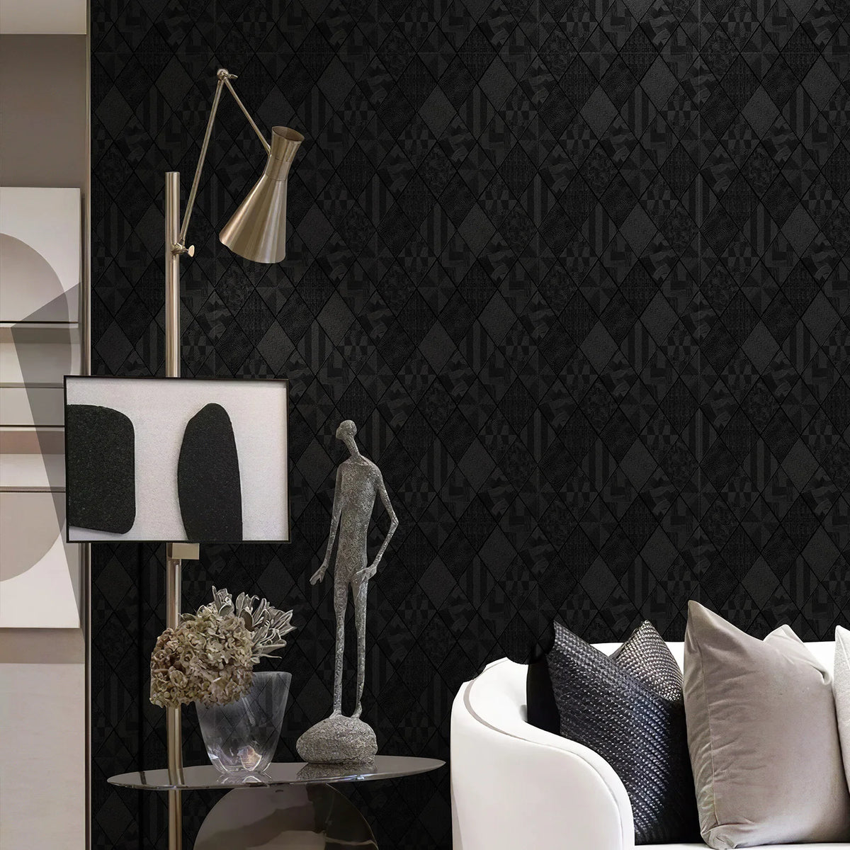 JIFFDIFFBlack Rhombus Wood Texture Wallpaper 44×2032cm Roll,Geometric Diamond Self Adhesive Peel and Stick Removable Waterproof Wall Paper for Bedroom Home Decor