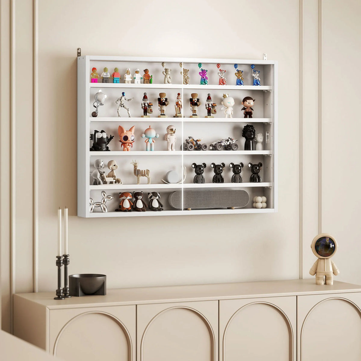 Homcom 5-Tier Display Cabinet, Glass Door Cabinet with Adjustable Shelves, Wall-Mounted Display Case for Playroom, Bedroom, White