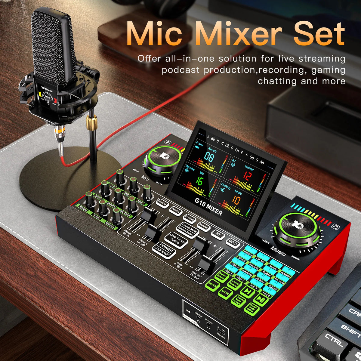 Tenlamp 6 Channe G10 Live Sound Card Audio Mixer with 3.5mm Mic XLR Gaming Interface, G10-PKPRO Podcast Equipment Bundle Kit RGB DJ Effects for PC Smartphone Laptop Singing Streaming Recording YouTube Vlog