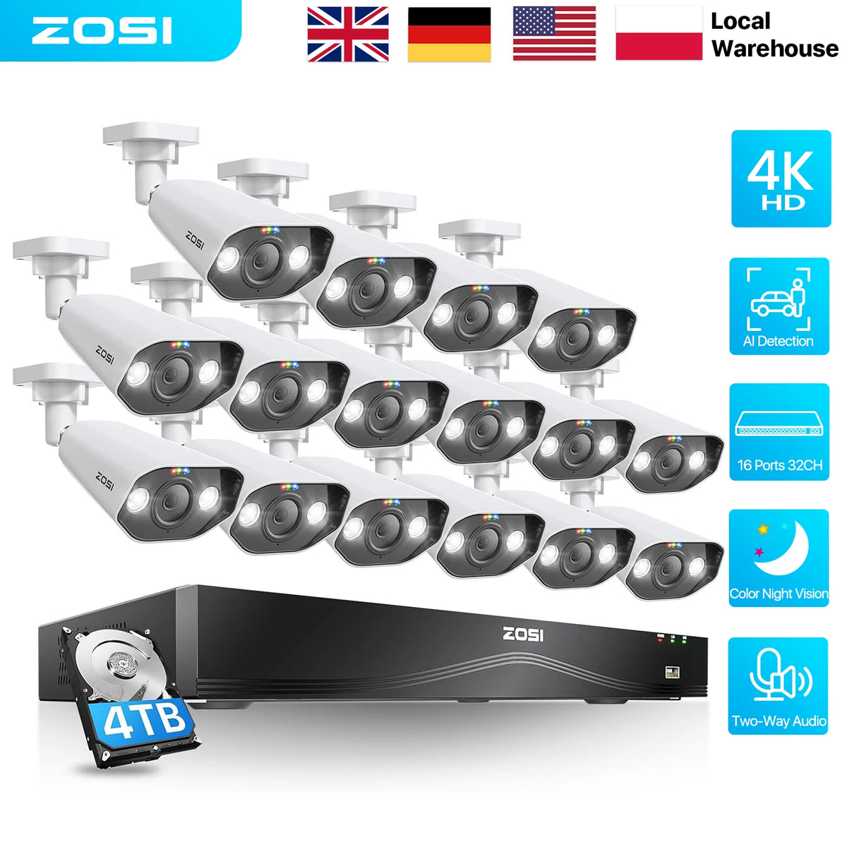 ZOSI 16CH 4K PoE CCTV Security Camera Full System 16 Port 32CH Dual-Disk NVR 2-Way Audio 8MP Outdoor Home Business Video Surveillance Kit
