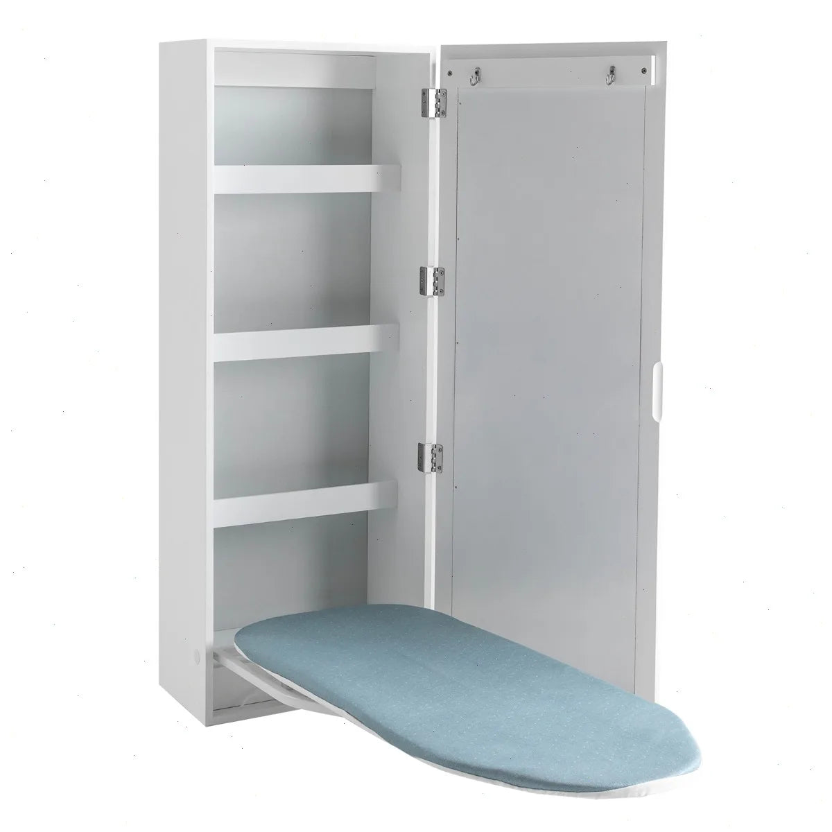 Wall Mounted Ironing Board, Rotatable Storage Cabinet with 4 Shelves and 2 Hooks, Space Saving, MDF, Anti Rust, Easy Install Ironing Board for Laundry Room Closet