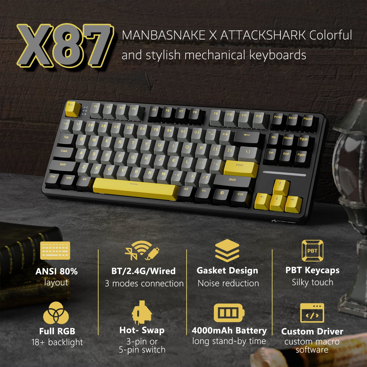 Attack Shark X87 Wireless Mechanical Gaming Keyboard Tri Mode Connectivity