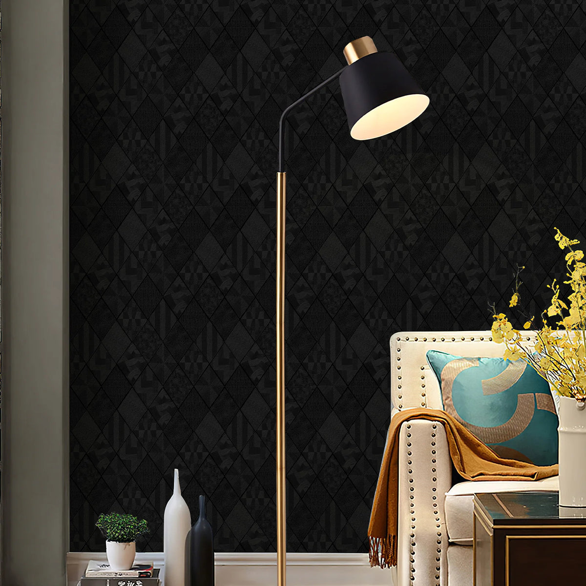 JIFFDIFFBlack Rhombus Wood Texture Wallpaper 44×2032cm Roll,Geometric Diamond Self Adhesive Peel and Stick Removable Waterproof Wall Paper for Bedroom Home Decor