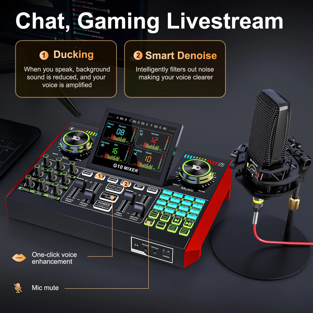 Tenlamp 6 Channe G10 Live Sound Card Audio Mixer with 3.5mm Mic XLR Gaming Interface, G10-PKPRO Podcast Equipment Bundle Kit RGB DJ Effects for PC Smartphone Laptop Singing Streaming Recording YouTube Vlog