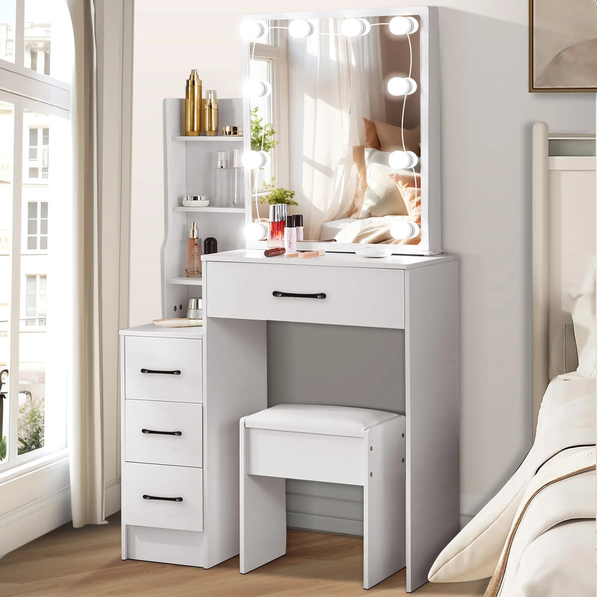 Yamissi Modern Vanity Table And Stool Set With LED Mirror