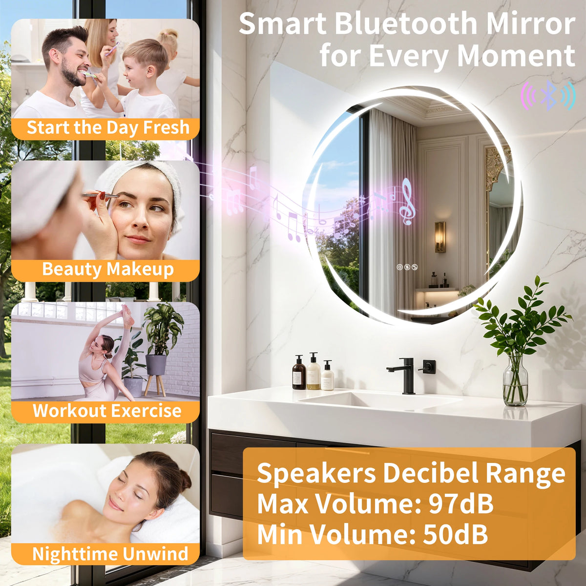 Round LED Bathroom Mirror With Bluetooth Speakers And Defogger