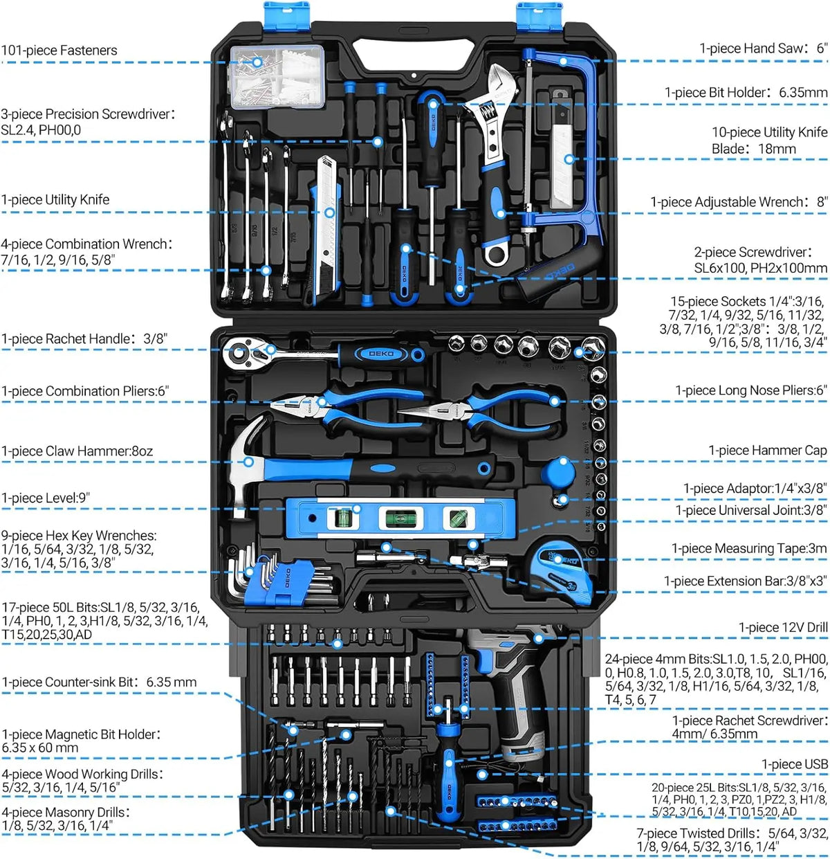 DEKO Cordless Drill and Home Mechanic Tool Set with Case