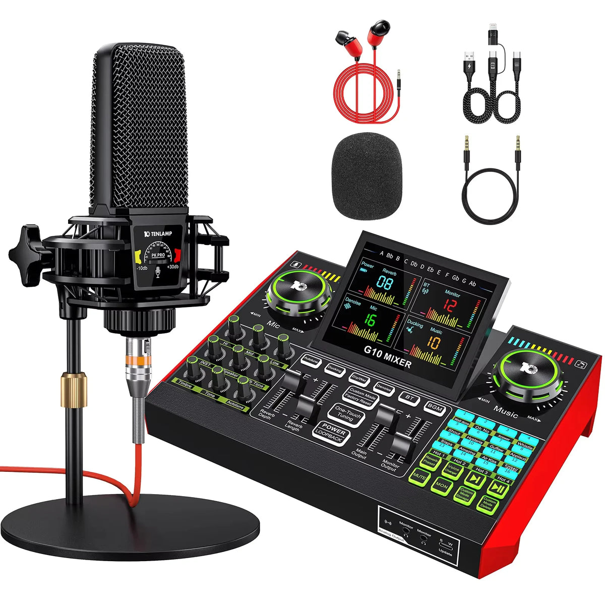 Tenlamp 6 Channe G10 Live Sound Card Audio Mixer with 3.5mm Mic XLR Gaming Interface, G10-PKPRO Podcast Equipment Bundle Kit RGB DJ Effects for PC Smartphone Laptop Singing Streaming Recording YouTube Vlog