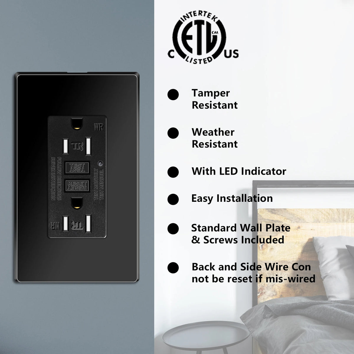 1PK-20PK GFCI GFI Outlet 15A 125V Black Safety Receptacle Plug Tamper Resistant TR WR Plate Socket With ETL Listed and LED Light