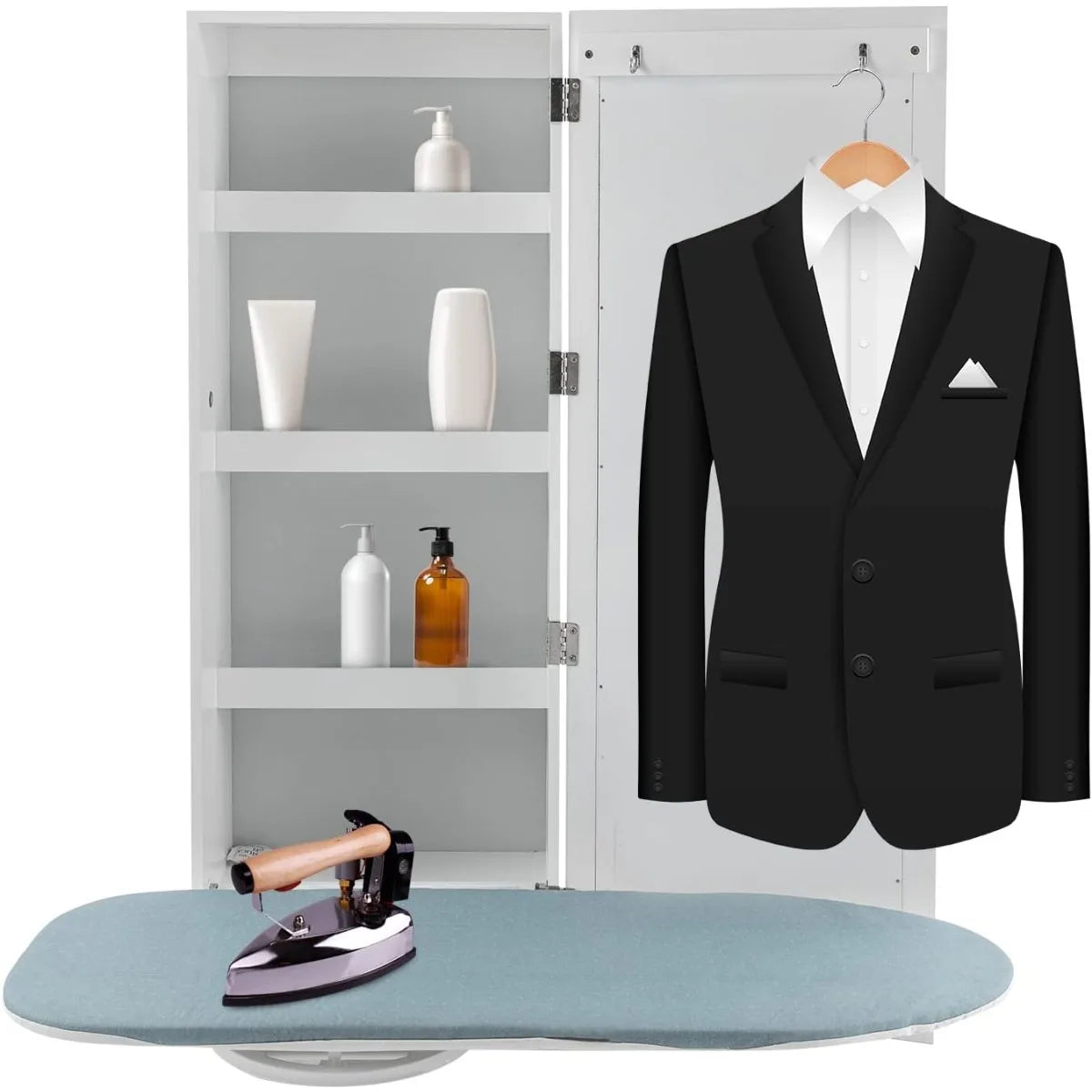 Wall Mounted Ironing Board, Rotatable Storage Cabinet with 4 Shelves and 2 Hooks, Space Saving, MDF, Anti Rust, Easy Install Ironing Board for Laundry Room Closet