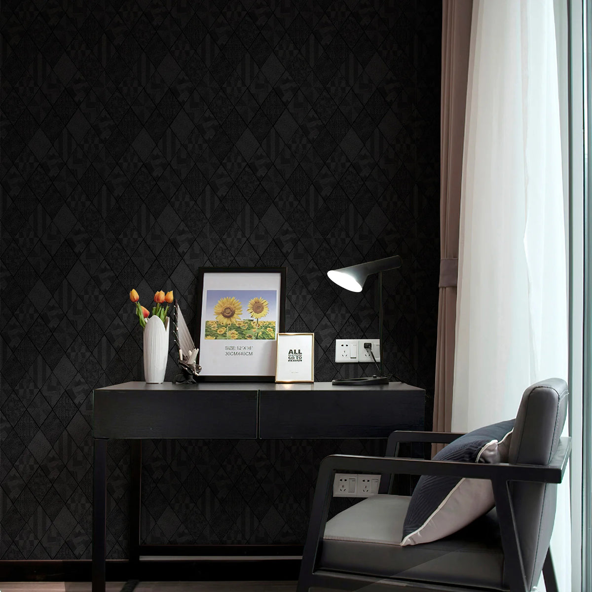 JIFFDIFFBlack Rhombus Wood Texture Wallpaper 44×2032cm Roll,Geometric Diamond Self Adhesive Peel and Stick Removable Waterproof Wall Paper for Bedroom Home Decor