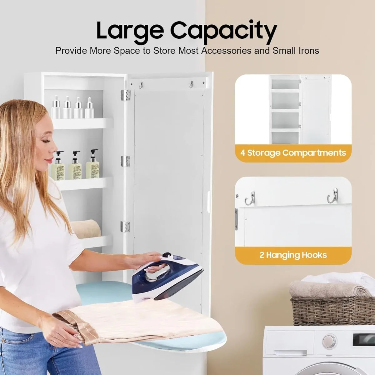 Wall Mounted Ironing Board, Rotatable Storage Cabinet with 4 Shelves and 2 Hooks, Space Saving, MDF, Anti Rust, Easy Install Ironing Board for Laundry Room Closet