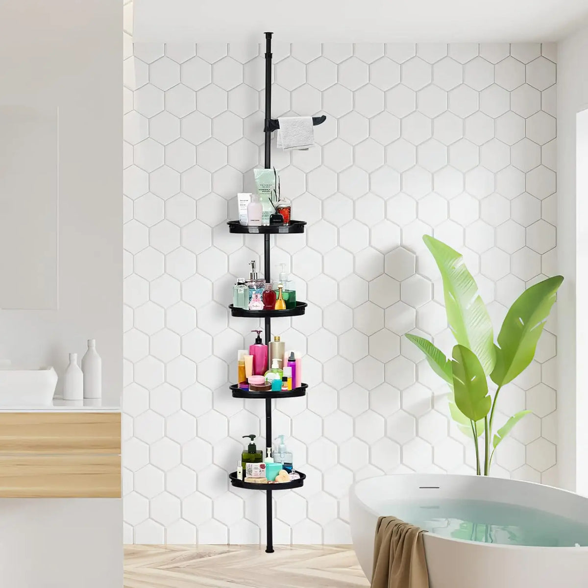 Rustproof Corner Shower Caddy With Telescopic Tension Pole
