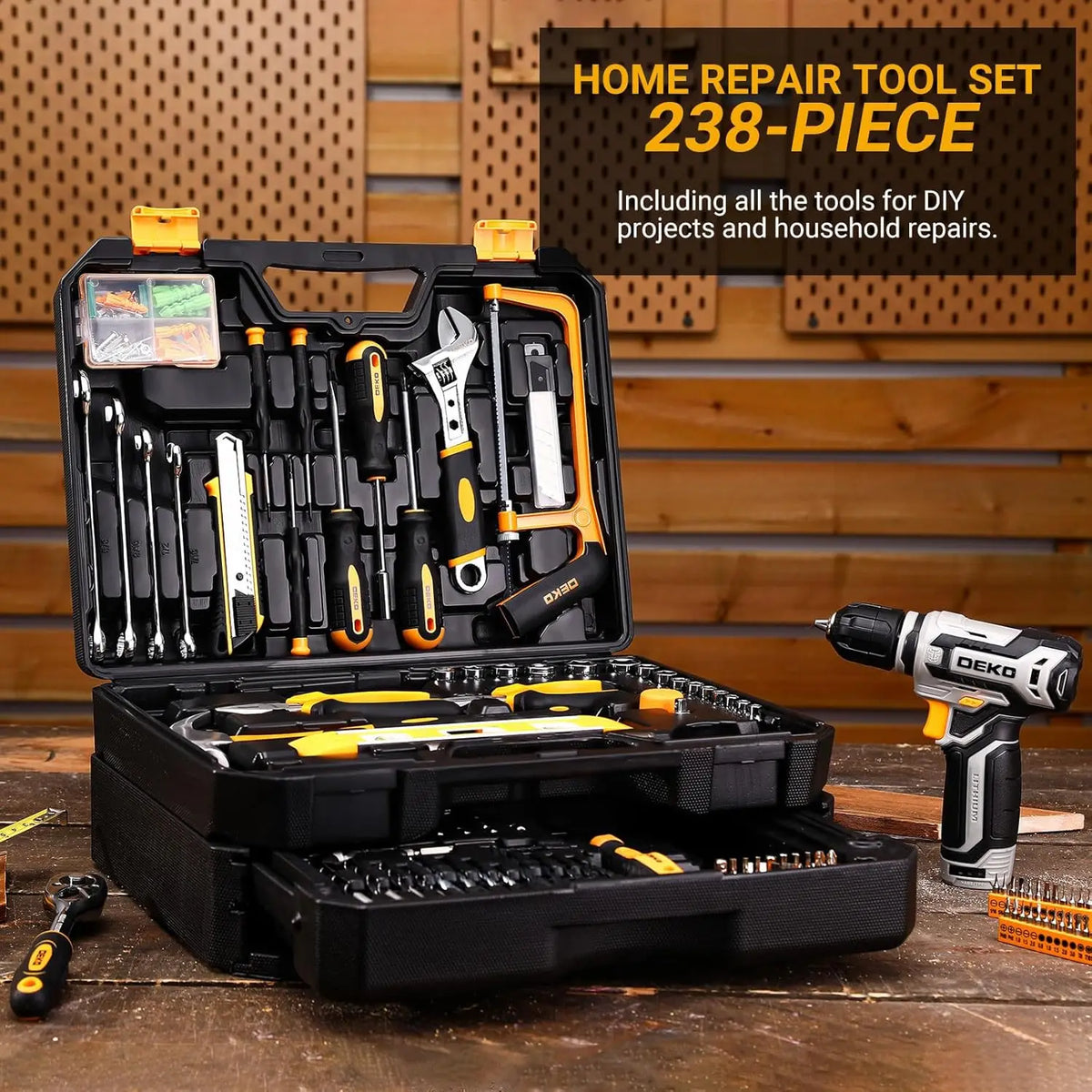 DEKO Cordless Drill and Home Mechanic Tool Set with Case