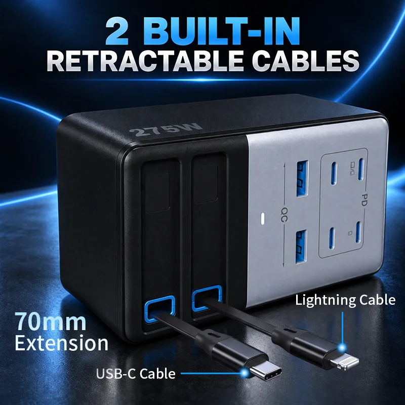 GaN USB C Fast Charging Station With Dual Retractable Cables