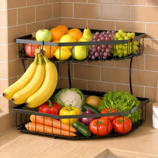 Corner Fruit Basket Organizer With Banana Hangers For Kitchen Storage