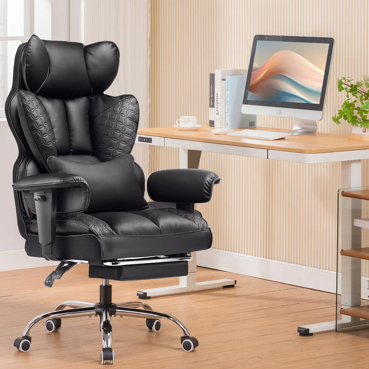 COMHOMA Ergonomic Leather High Back Office Chair With Footrest