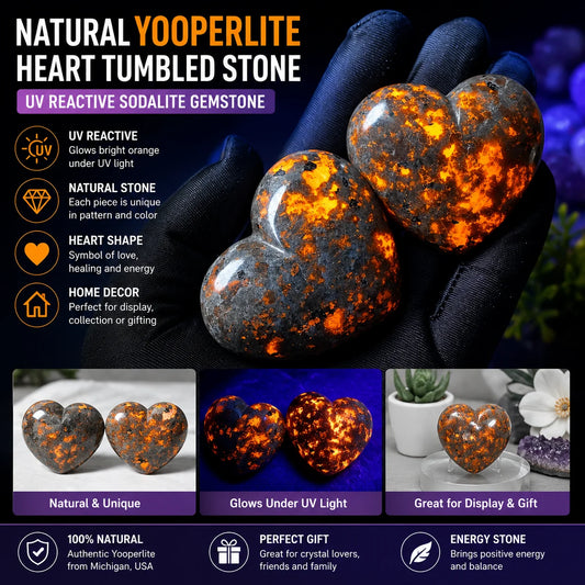 Natural Yooperlite Heart Stone UV Reactive Sodalite Crystal Tumbled Gemstone