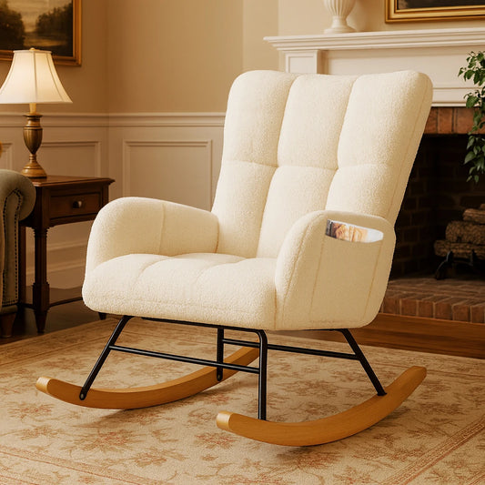 COMHOMA Nursery Rocking Chair With Teddy Fabric And Side Pockets