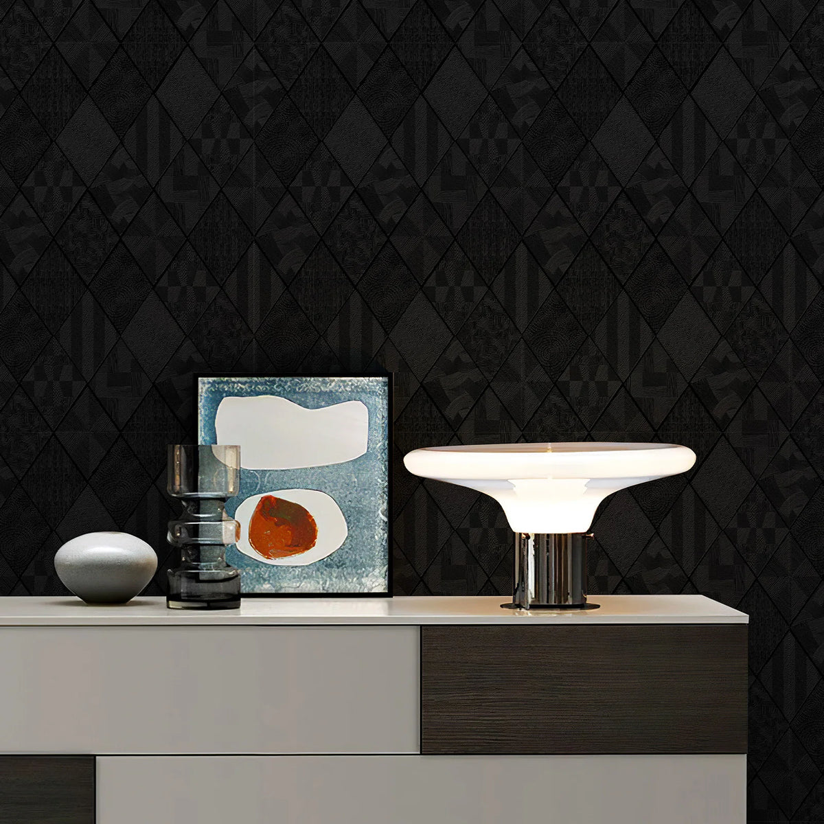 JIFFDIFFBlack Rhombus Wood Texture Wallpaper 44×2032cm Roll,Geometric Diamond Self Adhesive Peel and Stick Removable Waterproof Wall Paper for Bedroom Home Decor